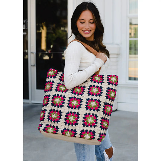 Cream & Multicolored Crochet Tote Bag