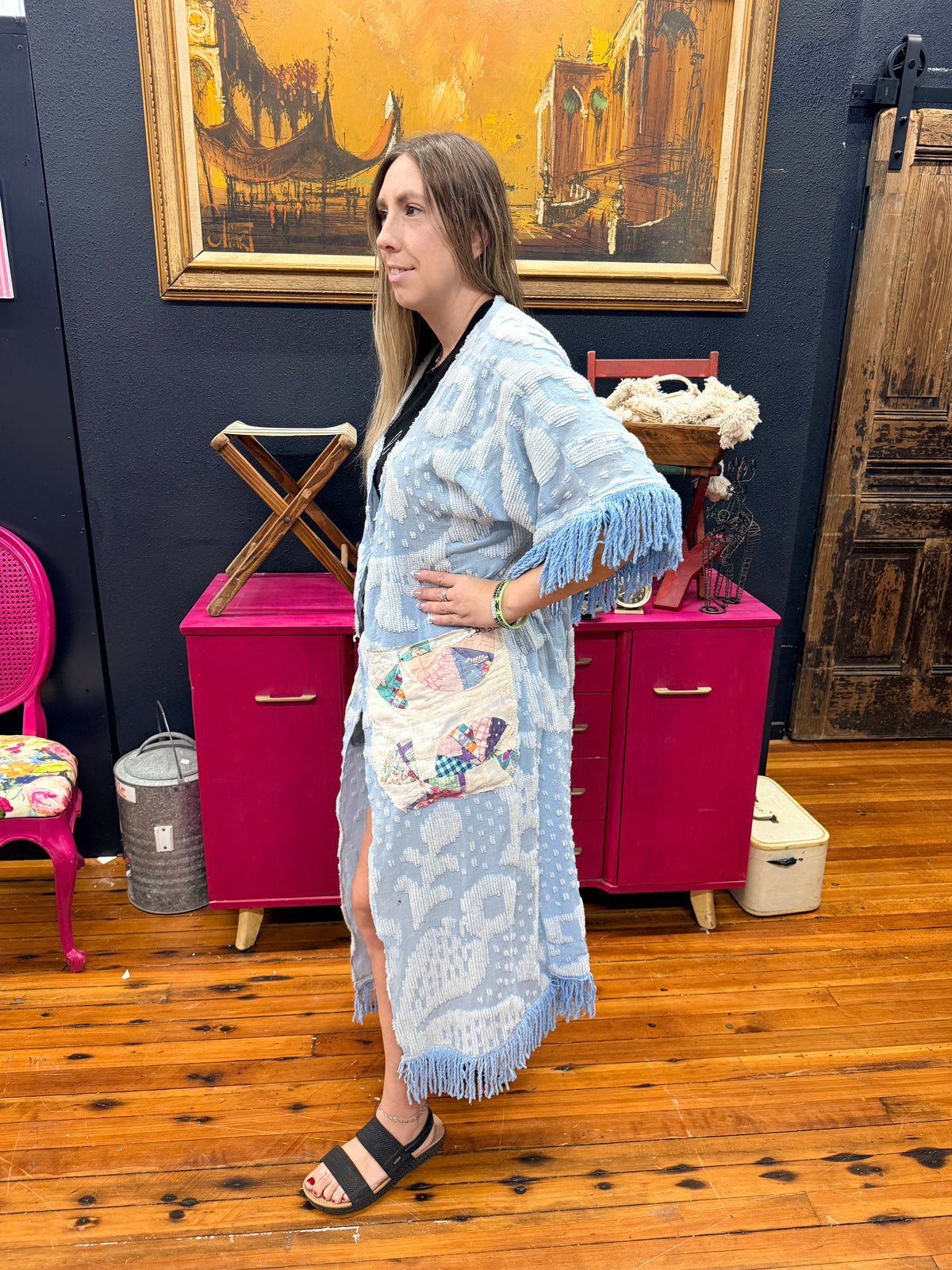 Blue Textured Patchwork Duster