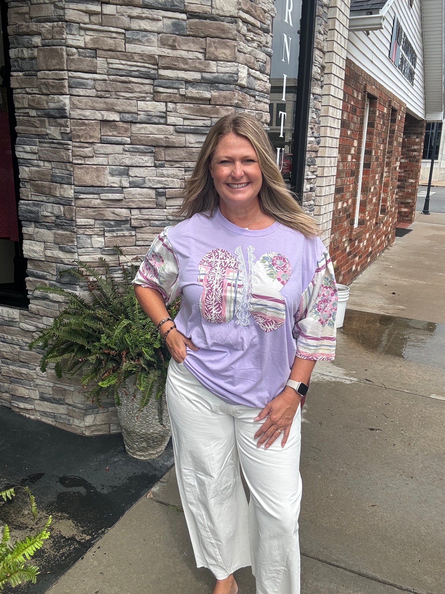 Quilted Butterfly Tablecloth Sleeve Top - Lavender