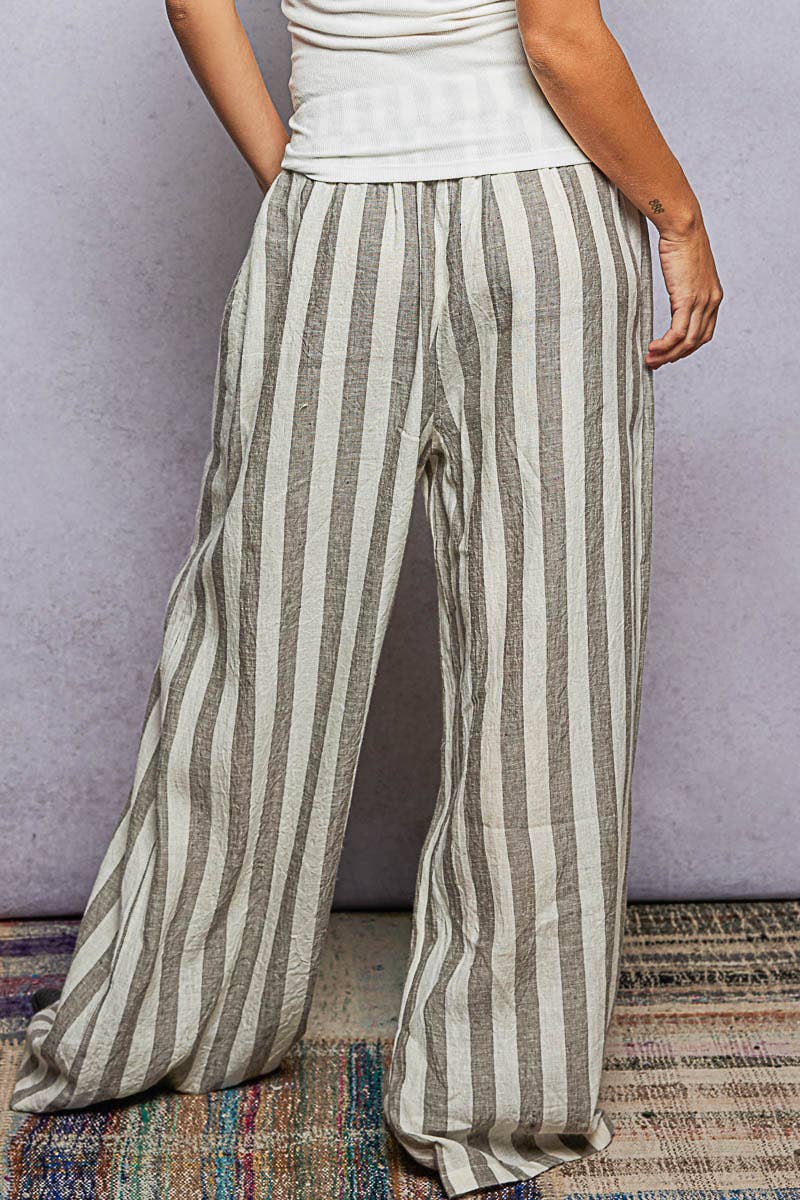 Stripe Pattern Elastic Waist Band Linen Woven Wide Pants