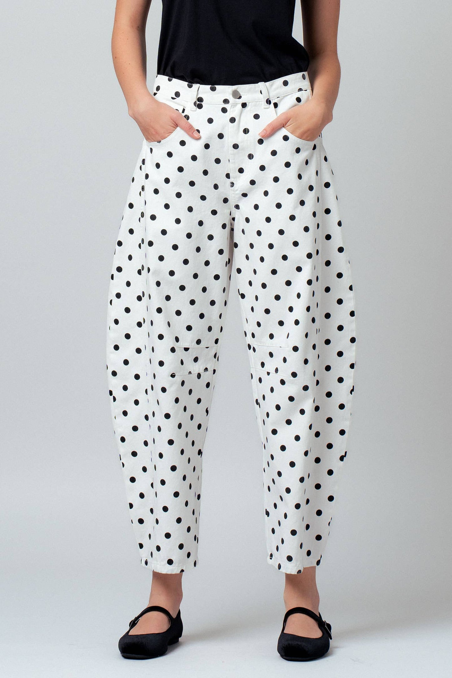 Polka Dot Print Cotton Barrel Leg Jeans