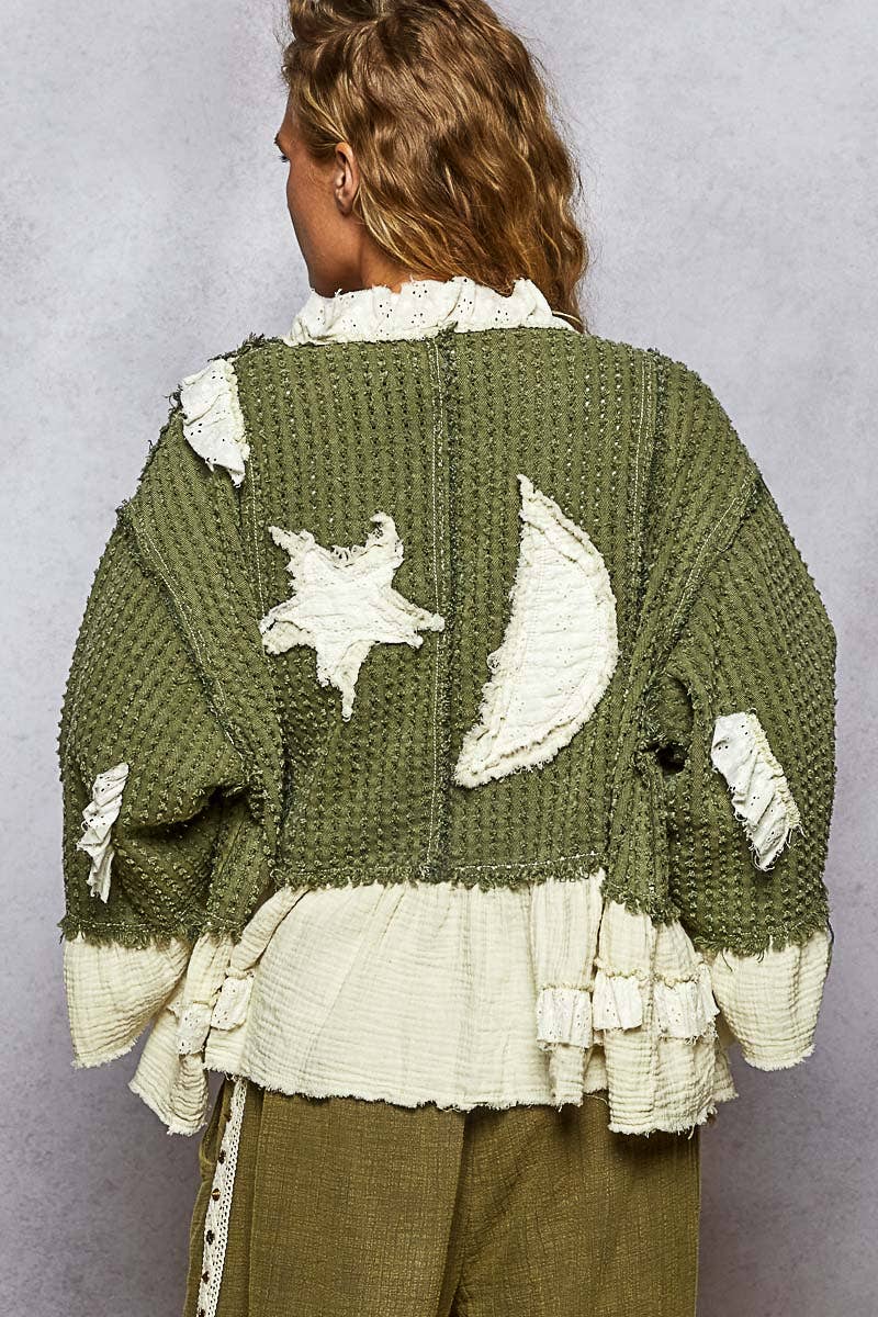 3/4 Sleeve Double Gauze Ruffle Star Woven Jacket