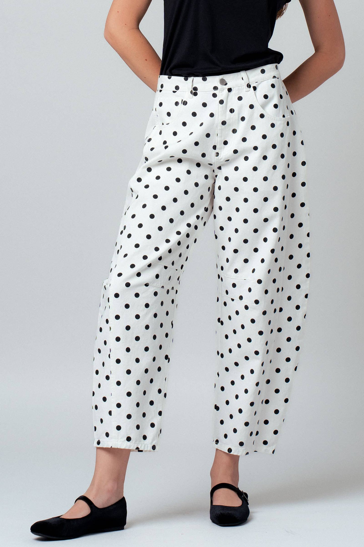 Polka Dot Print Cotton Barrel Leg Jeans