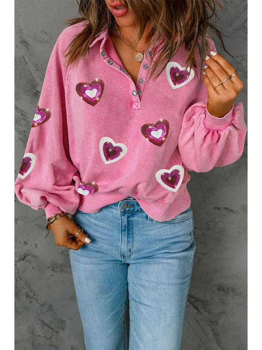 Mineral Wash Sequin Heart Snap Buttons Collared Sweatshirt