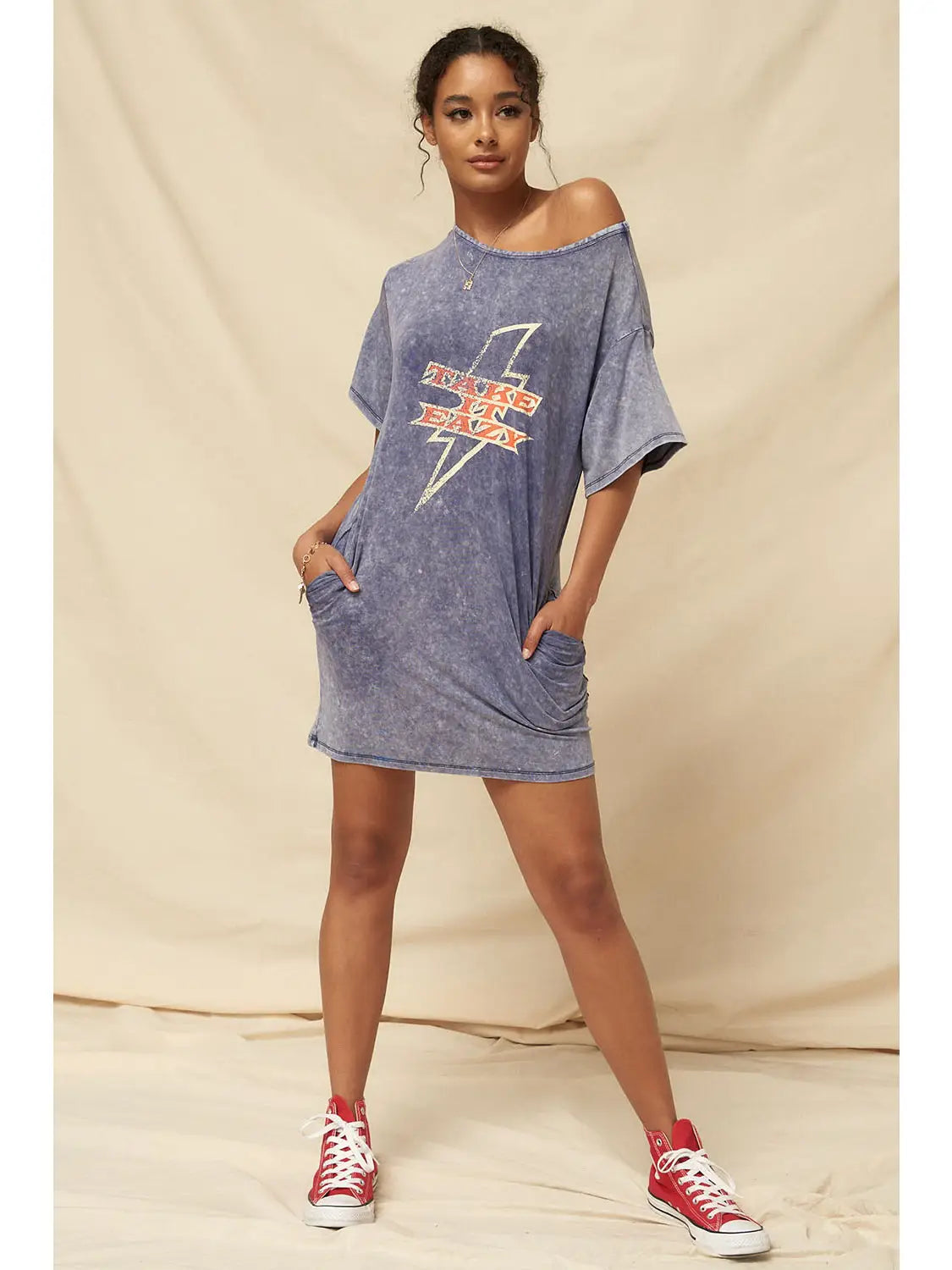 Take It Eazy Vintage-Wash Graphic T-Shirt Mini Dress