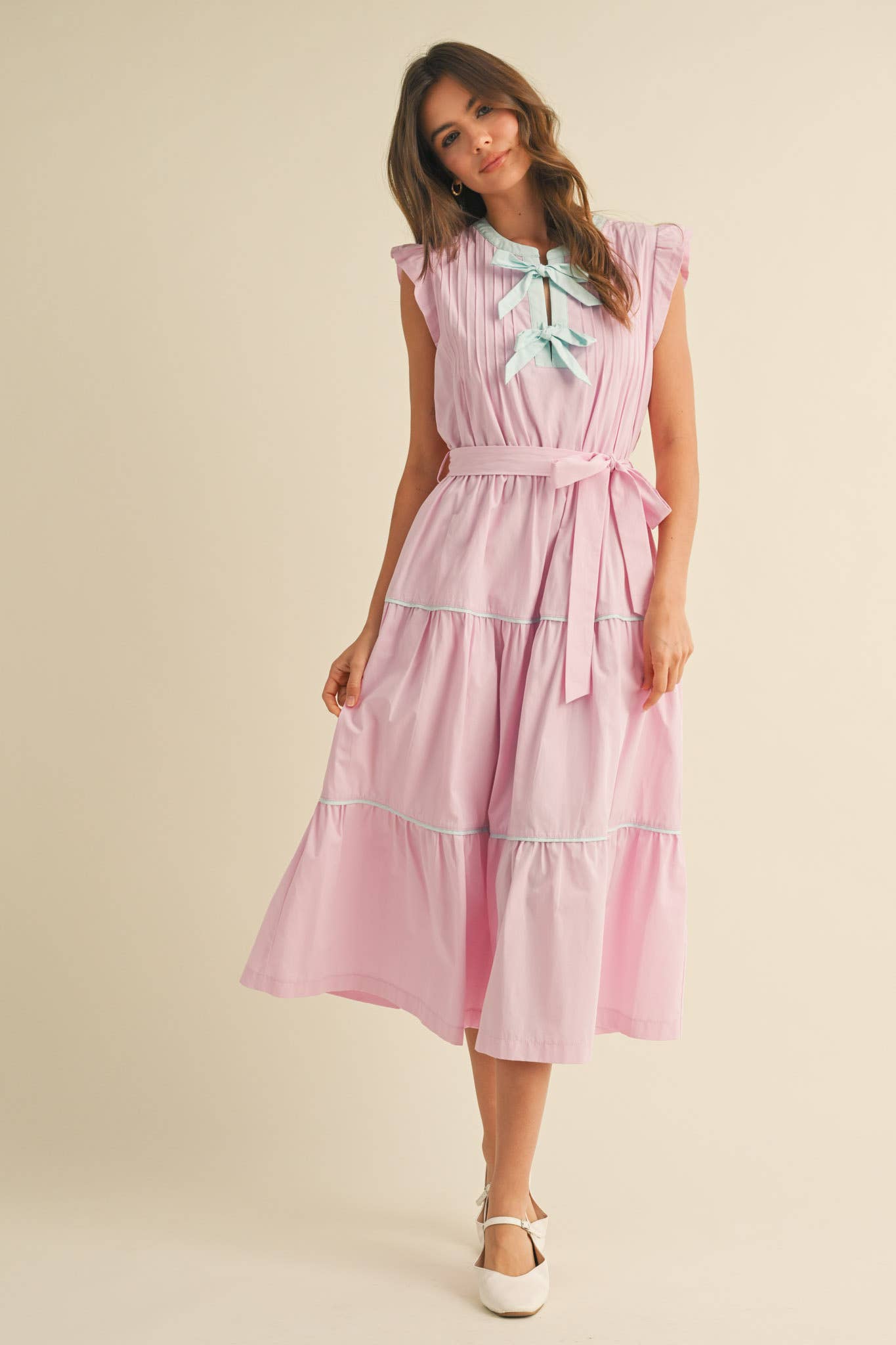 Pin Tuck & Bow Detail Tiered Midi Dress