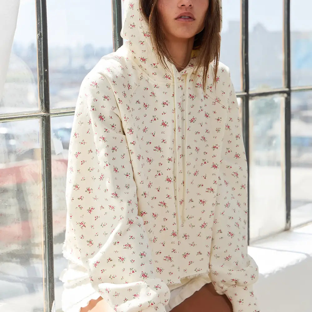 Floral Print Cropped Pullover Hoodie