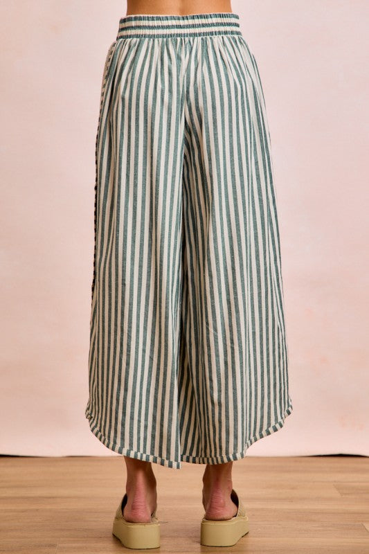 Floral Eyelet Side Elastic Stripes Wide Leg Pants