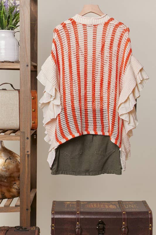 Star Patch Open-Knit Top with Ruffle Detail