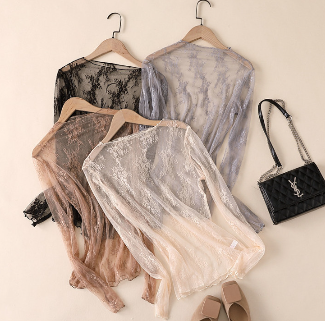 Semi Sheer Mesh Floral Lace Layering See Through Top