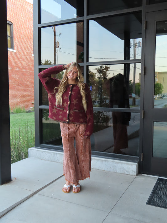 Button Up Star Sweater - Maroon