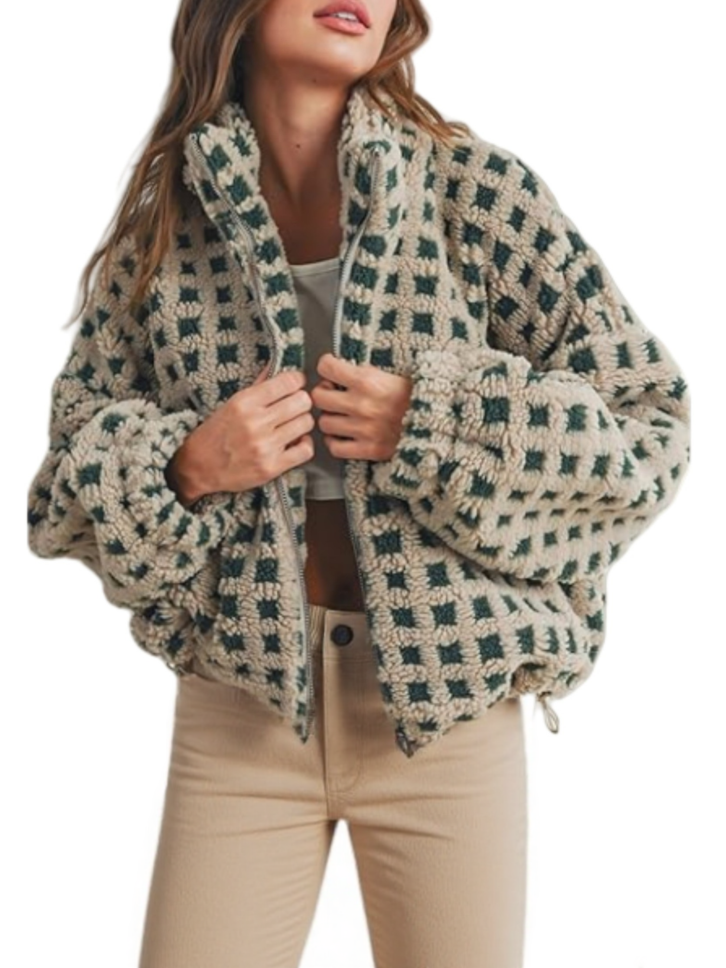 Checkered Gingham Sherpa Zip-up Jacket