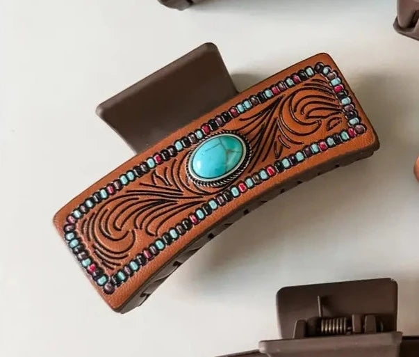 Western Faux Embossed Leather Hair Clip Turquoise Stone