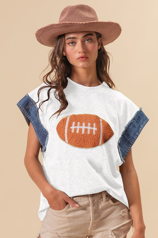 Football Patch Denim Gameday Top - White