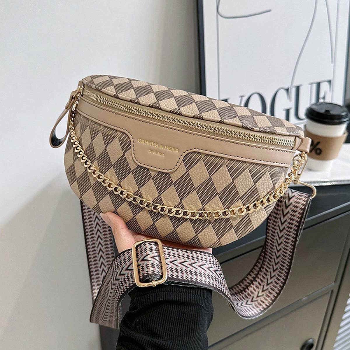 Checkered Chain Strap PU Crossbody Chest Bag