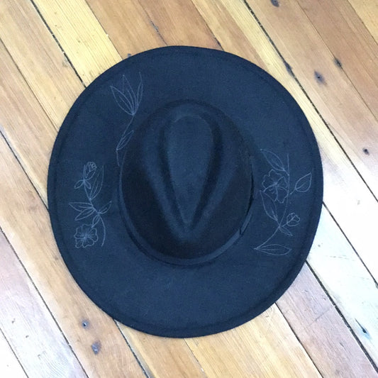Wildflower & Vines Custom Burned Rancher Hat - Black