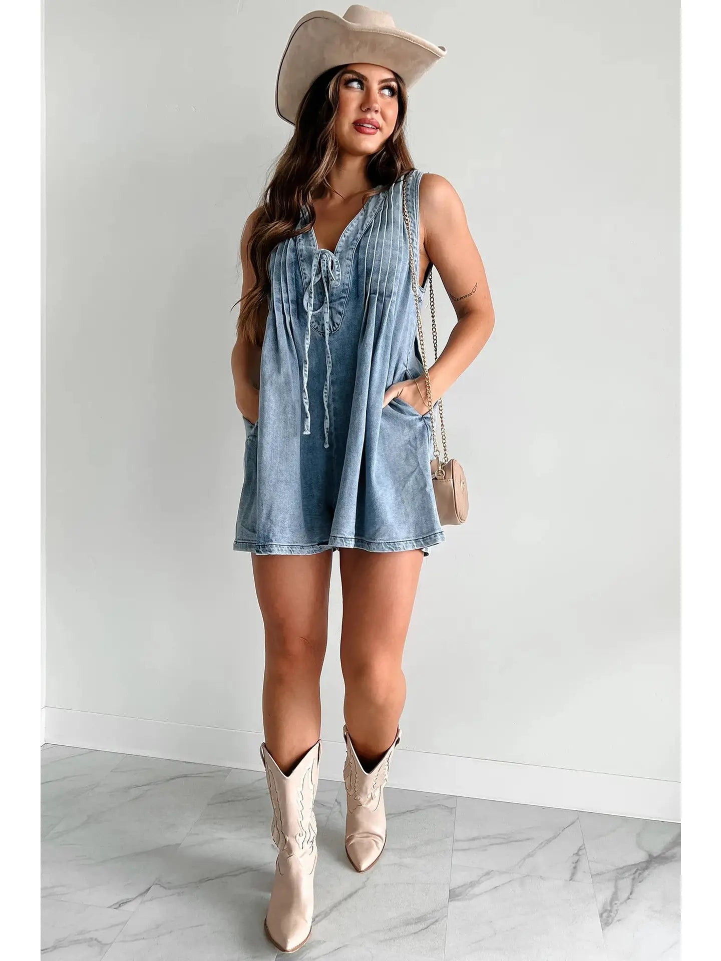 V-Neck Sleeveless Denim Romper - Light Blue