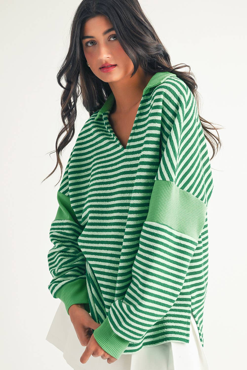Stripe Turn-Down V Neck Patchwork Loose Top