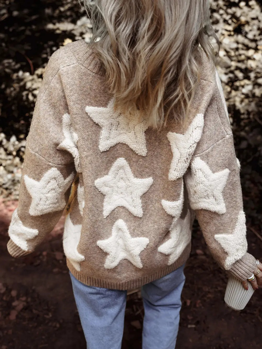 Star Pattern Textured Sweater Cardigan with Pockets