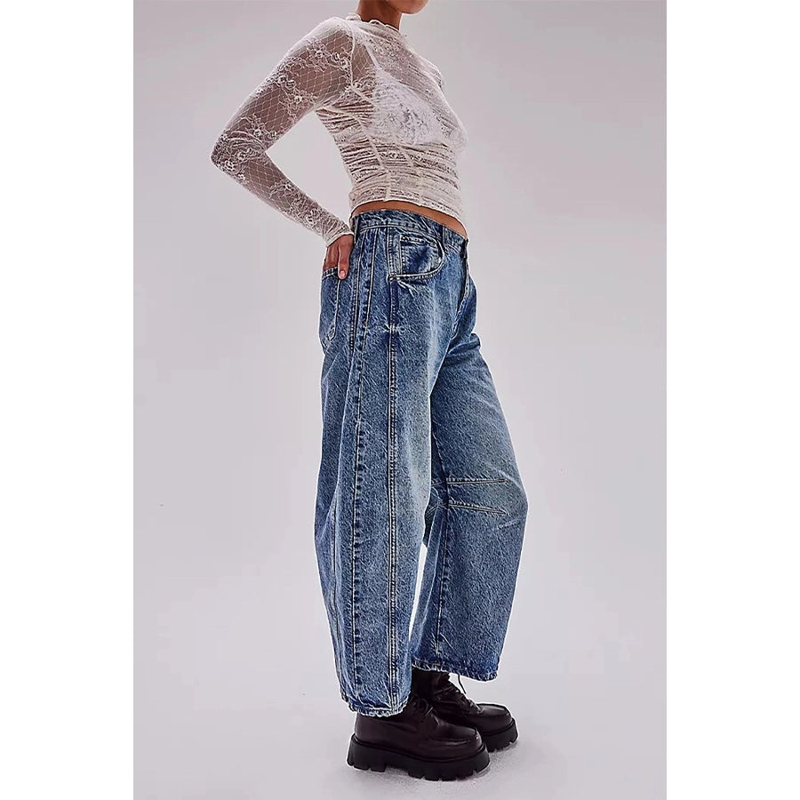 Casual Wide Leg Washed Denim - Blue