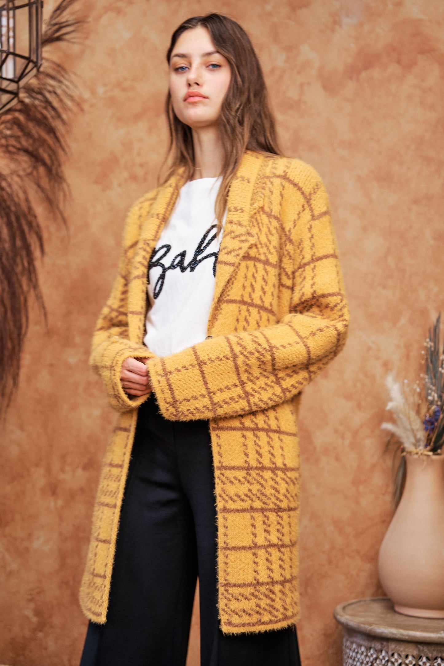 Plaid Lapel Collared Button Front Coat - Mustard/Brown