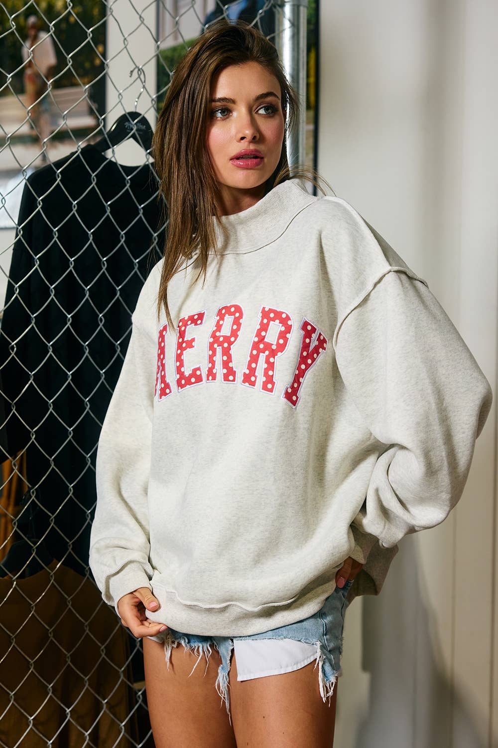 "MERRY" Varsity Mock Neck Sweatshirt