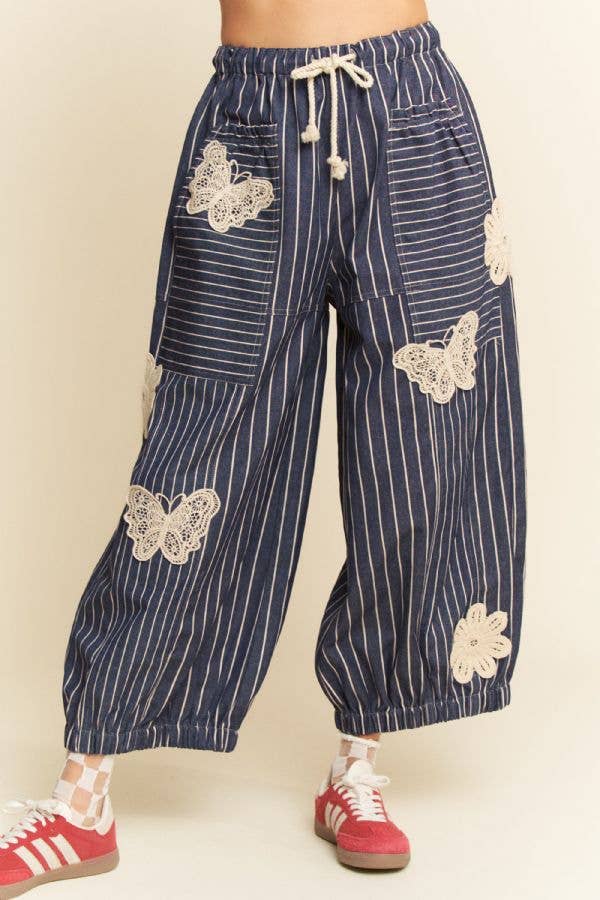 Lightweight Soft Denim Stripe Wide Barrel Pants - Denim Blue
