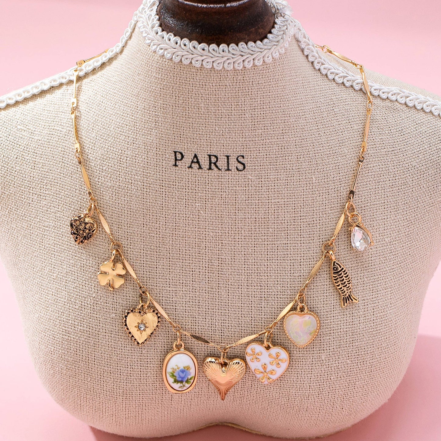 Charm Necklace - Hearts Porcelain Fish Rhinestone