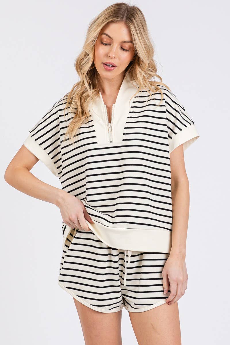 Half Zip Up Striped Top and Shorts Set (Sold Separately)