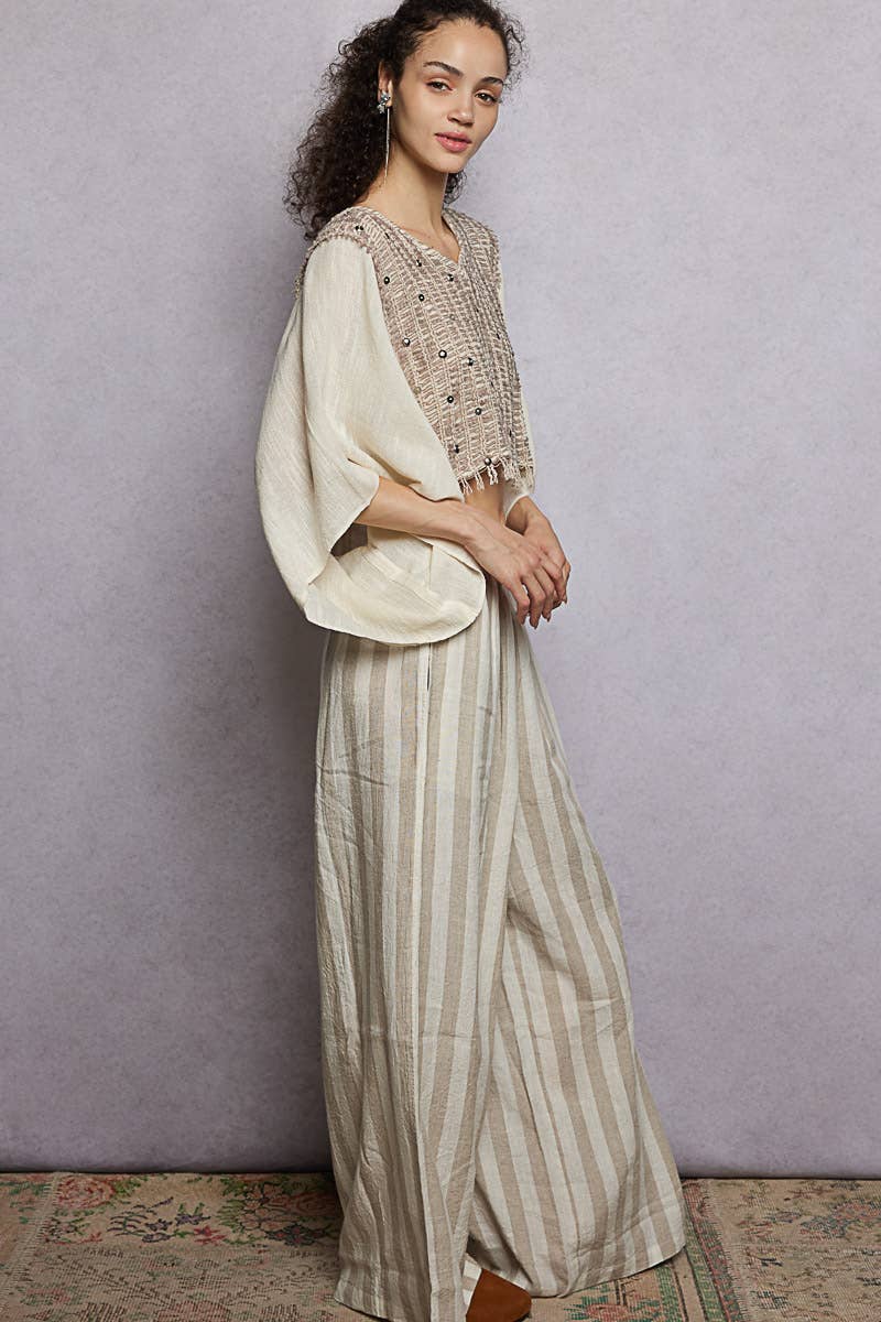 Stripe Pattern Elastic Waist Band Linen Woven Wide Pants