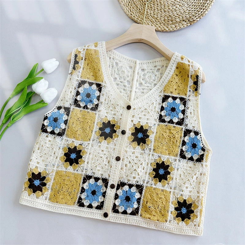 Crochet Hollow Out Loose Contrast Vest - Yellow