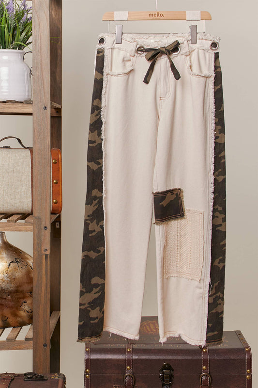 Camouflage Wide Leg Pants with Contrast Panels