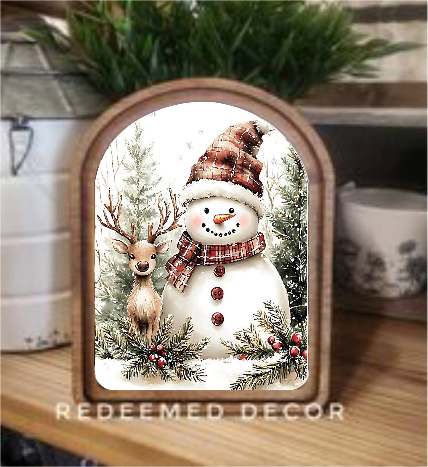 Arch Top Snowman Deer Framed Art