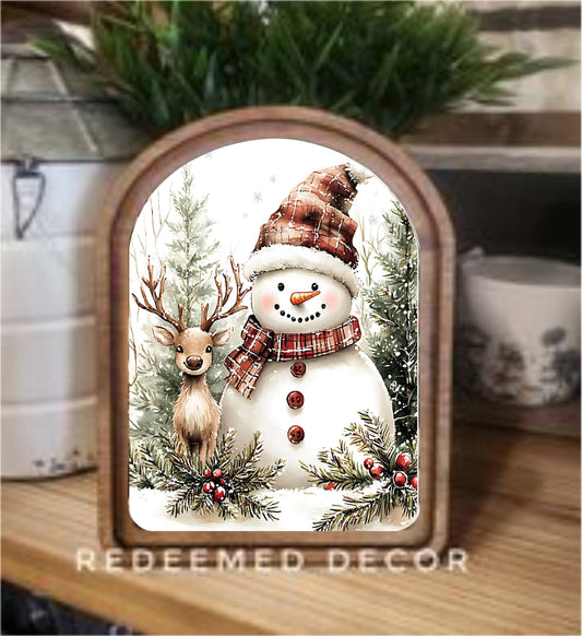 Arch Top Snowman Deer Framed Art