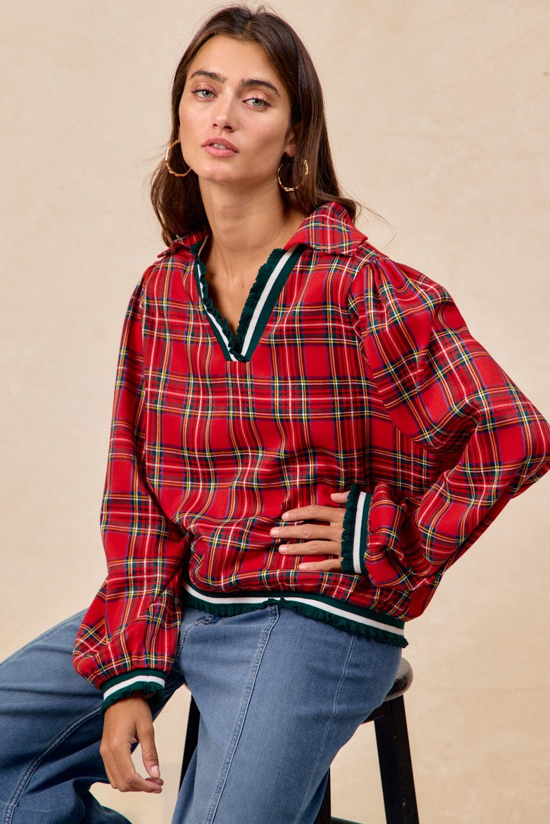 Christmas Plaid V Neck Collared Top with Ruffle - Red