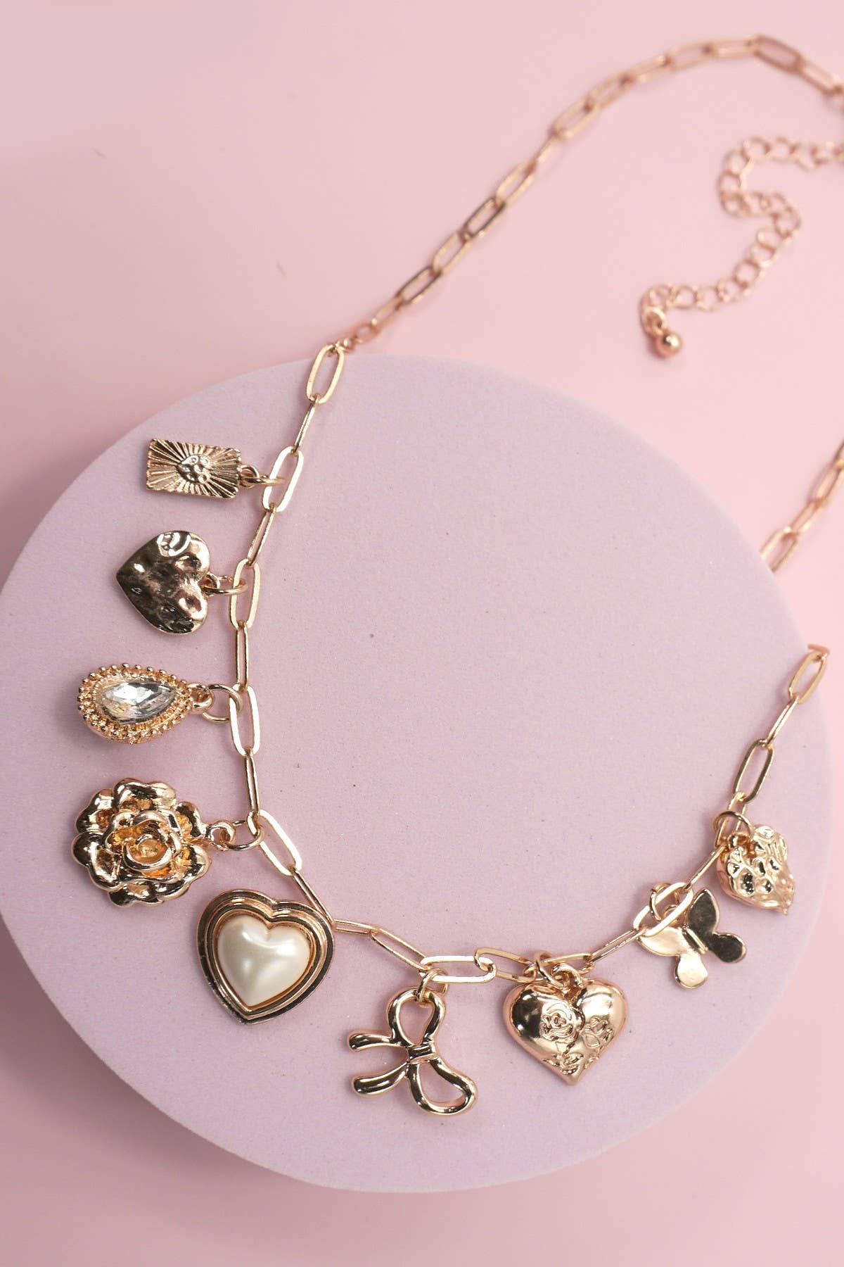 Charm Necklace - Bow Heart Rhinestone Flower