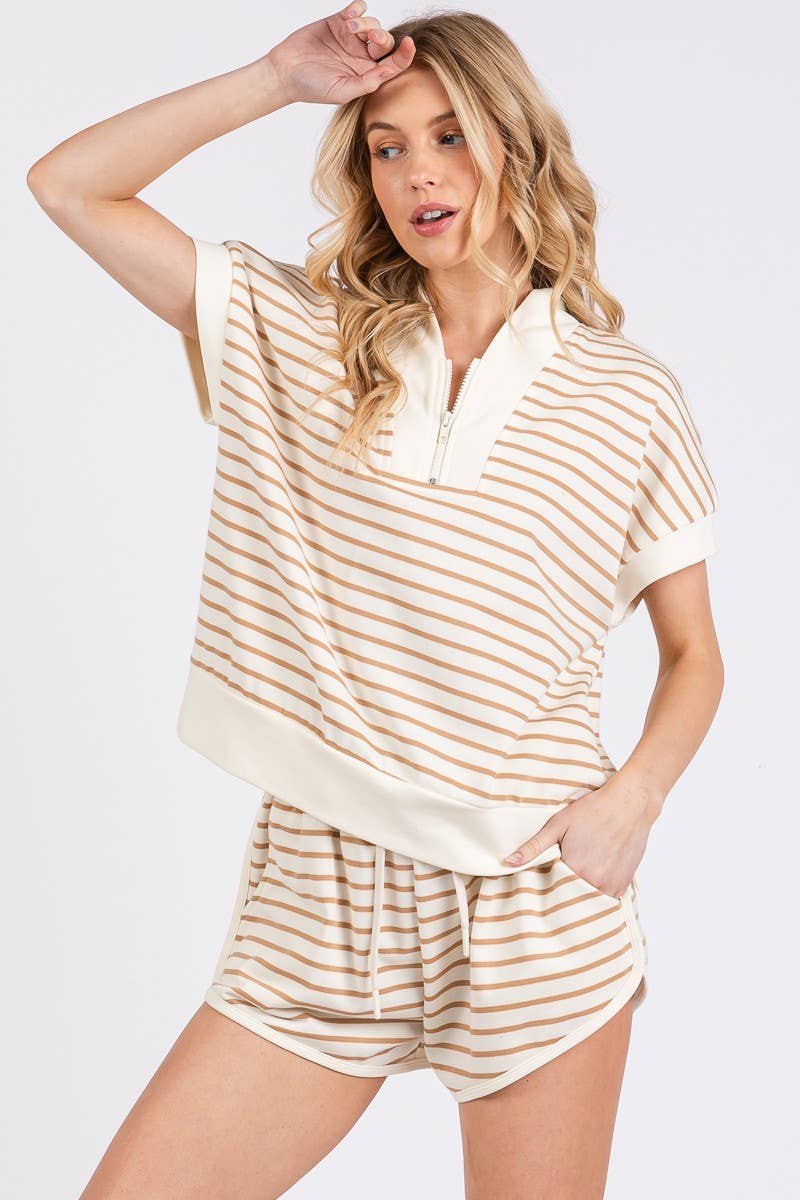 Half Zip Up Striped Top and Shorts Set (Sold Separately)