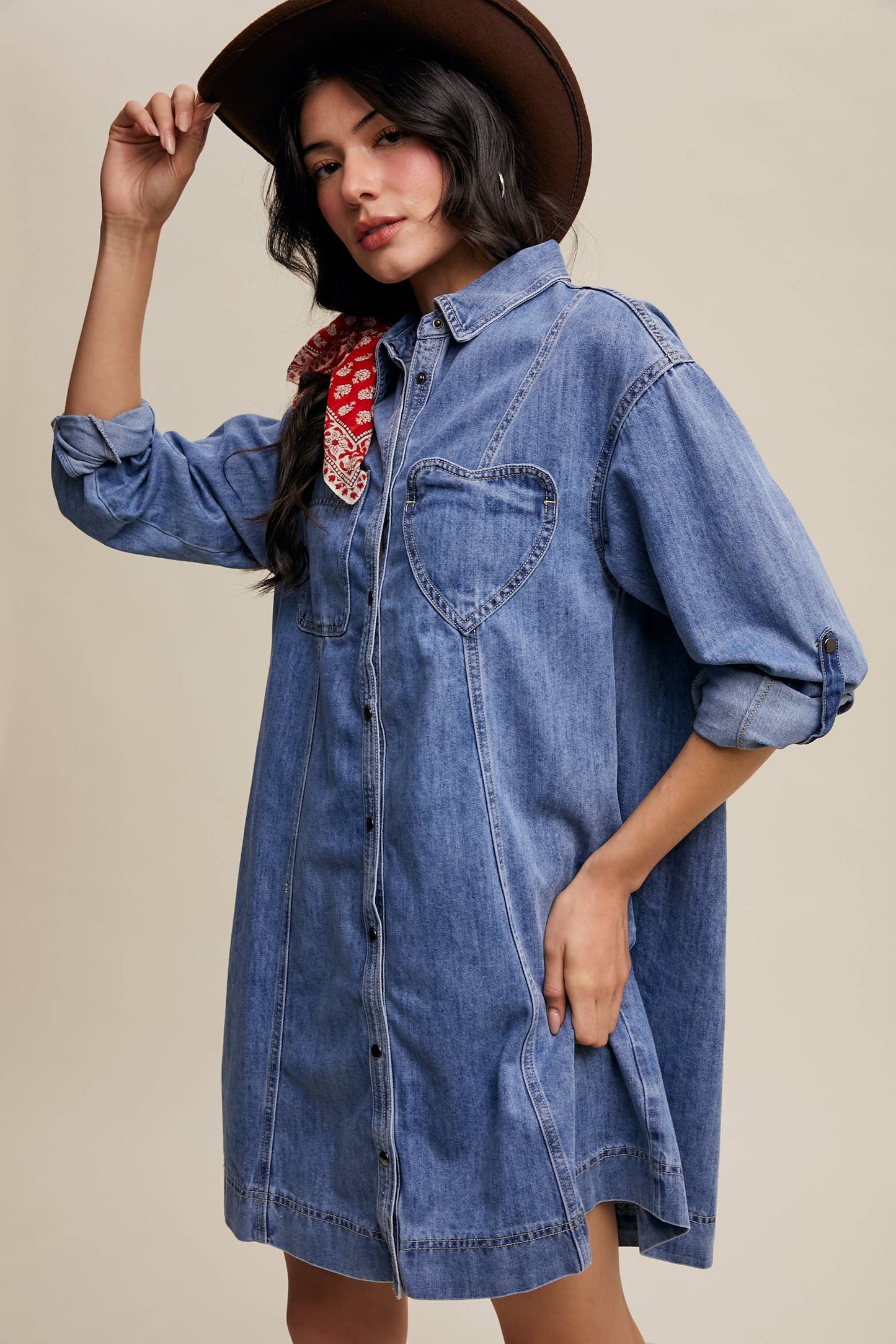 Denim Heart-Pocket Shirt Dress