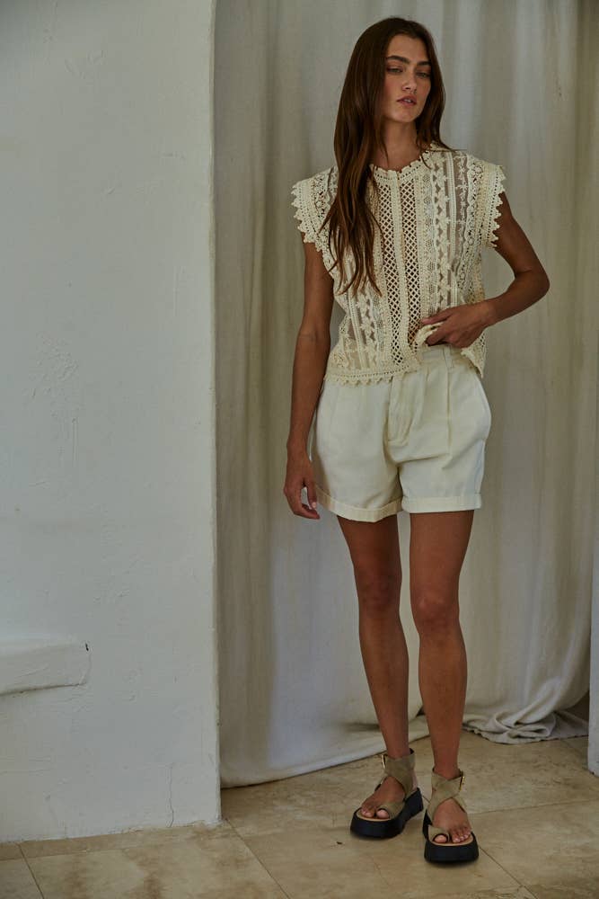 Woven Cotton Lace Button Down Sleeveless Top