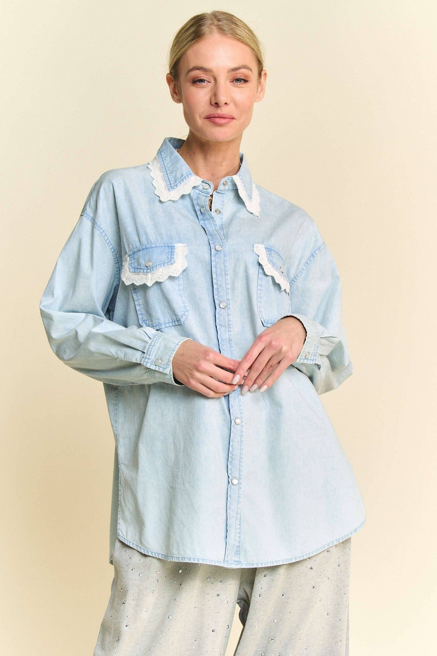 Lightweight Washed Lace Edge Waffle Knit Top - Light Denim