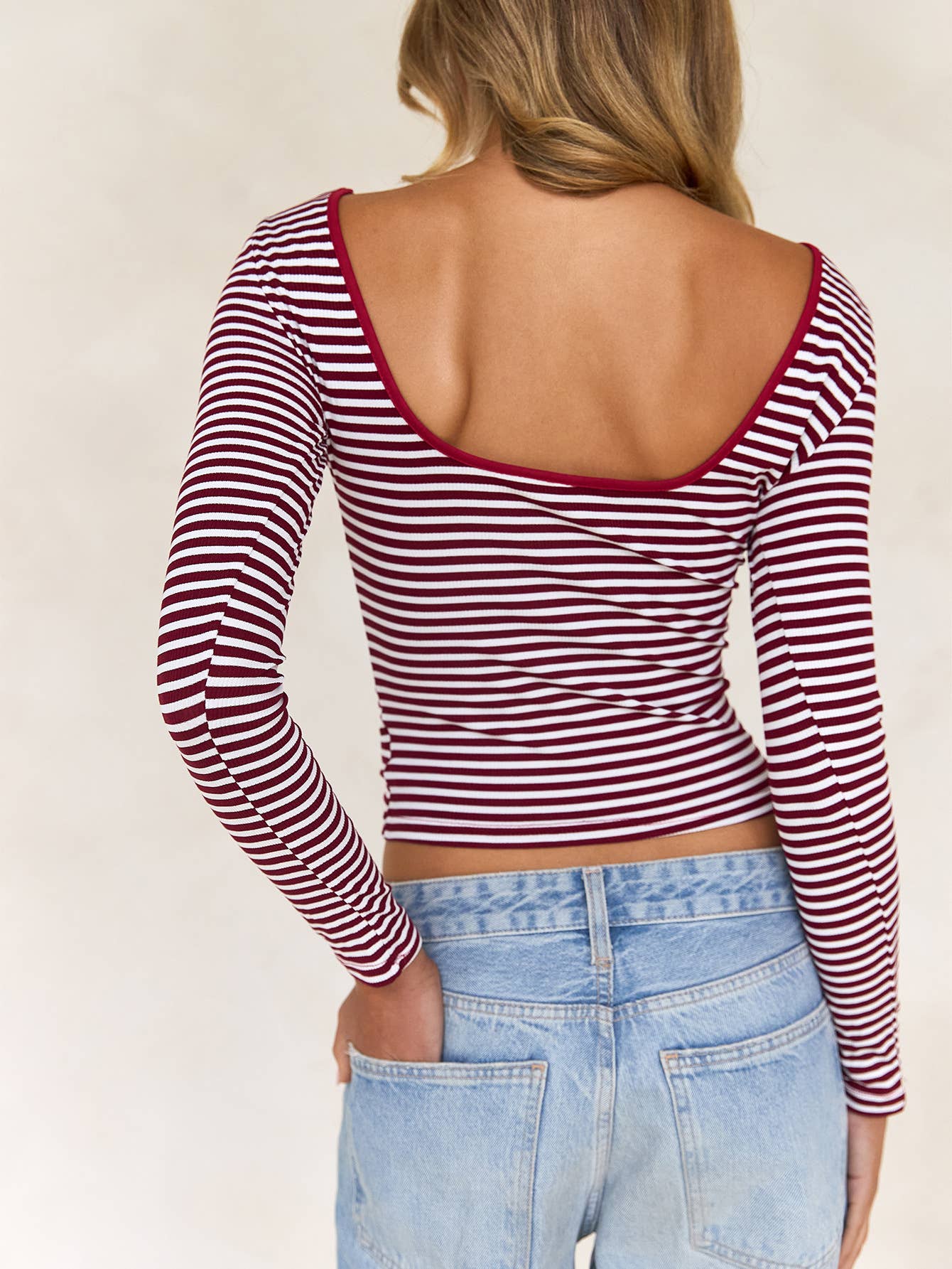 Backless Striped Long Sleeve Top
