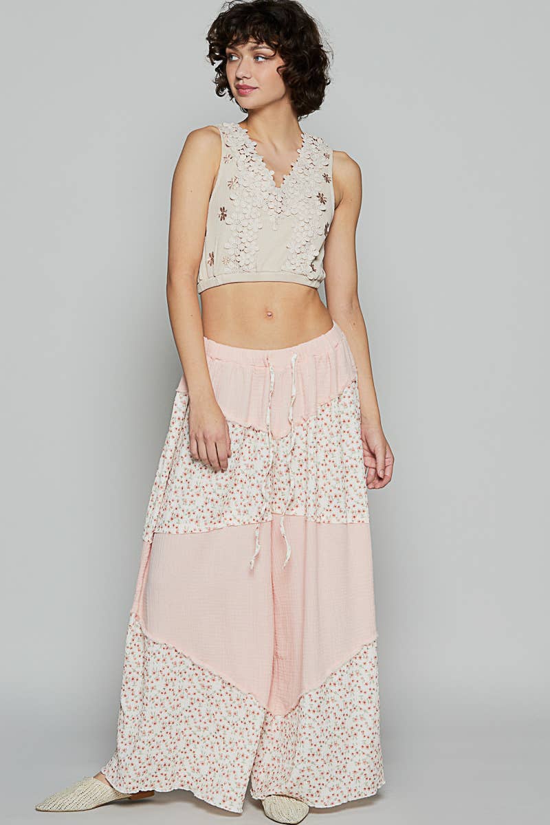 Contrast Floral Double Gauze Woven Pants