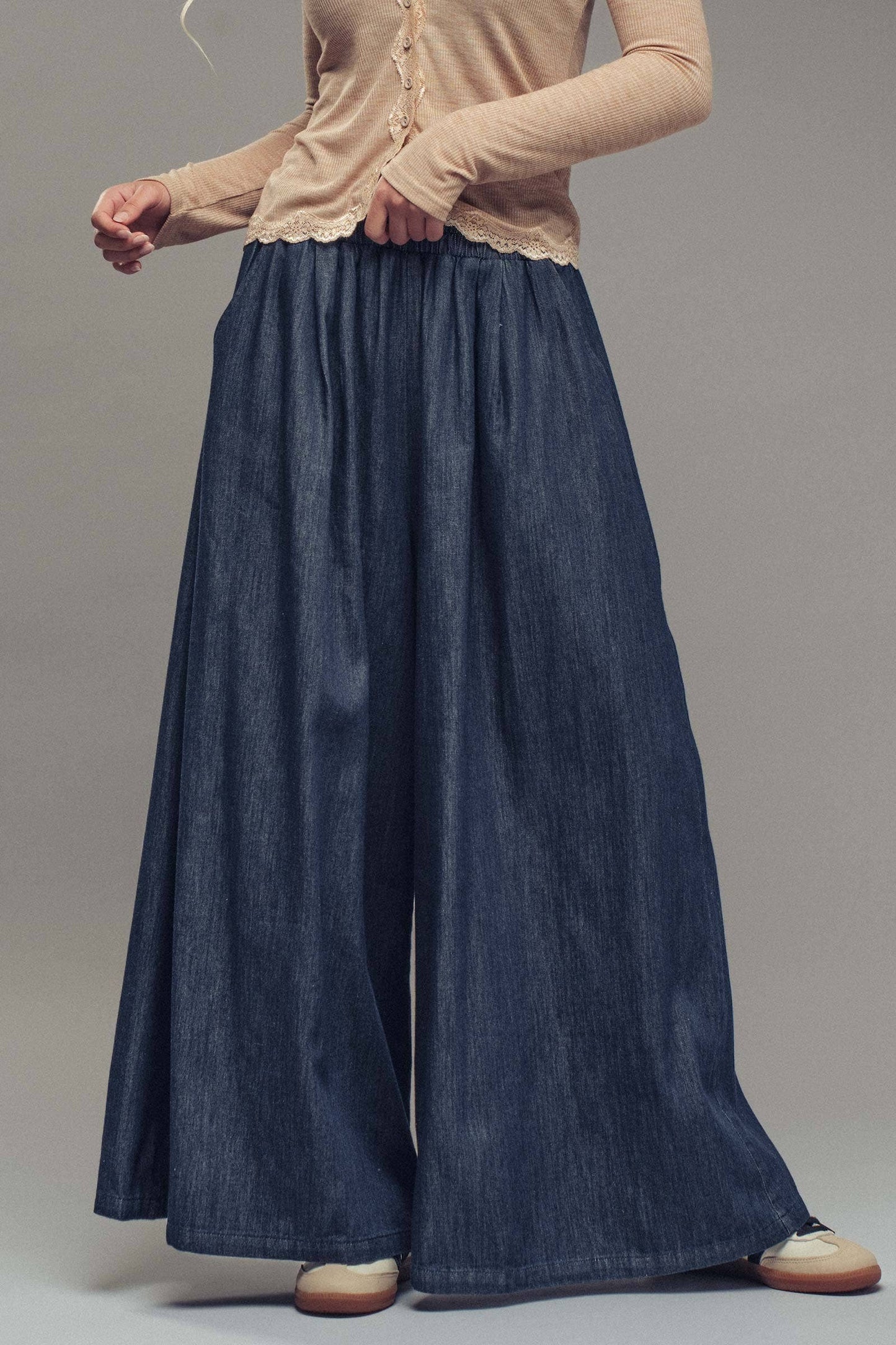 Ultra-Wide Leg Elastic Waist Denim Pants