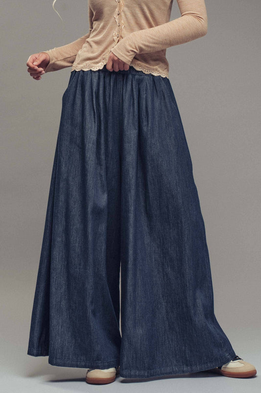 Ultra-Wide Leg Elastic Waist Denim Pants