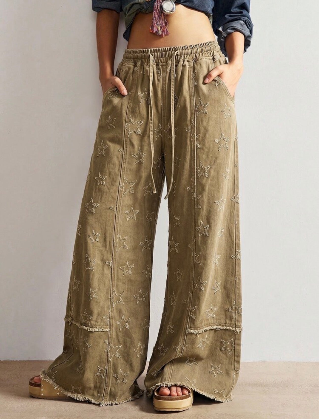 Casual Star Stitched Woven Wide Leg Pants