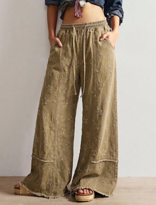 Casual Star Stitched Woven Wide Leg Pants
