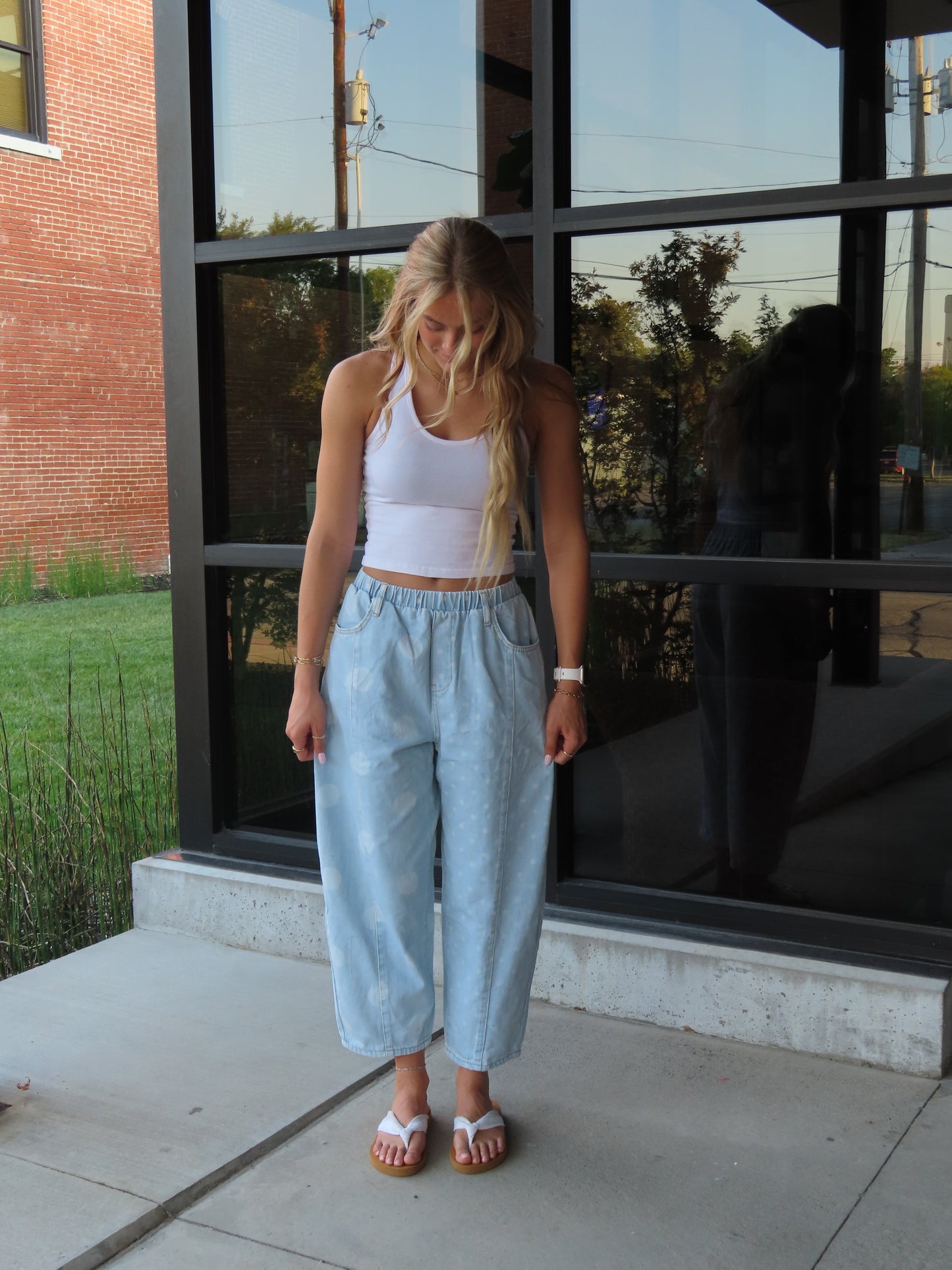 Denim Polka Dot Cropped Elastic Waist Jeans
