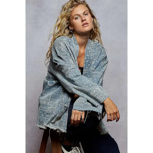 Vintage Washing Denim Print Woven Cardigan