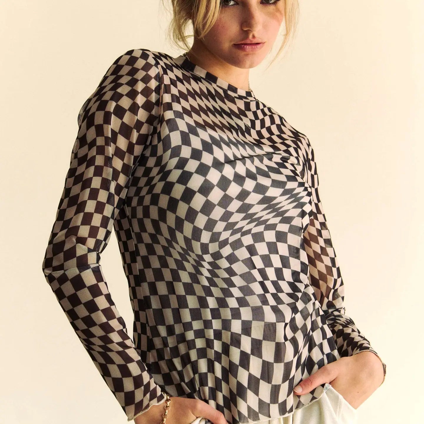 Curvy Girl Checker Board Mesh Layering Top - Black