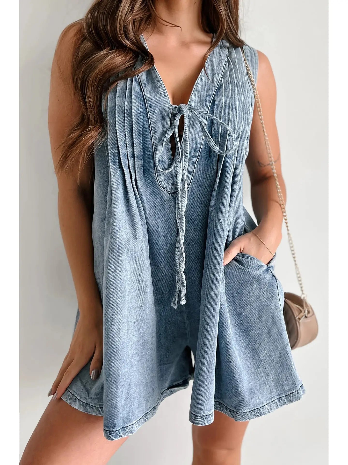 V-Neck Sleeveless Denim Romper - Light Blue